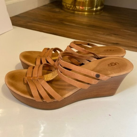 ugg Shoes - UGG Australia MATTIE Platform Wedge Sandals Women's Size 9 Leather Tan Slip On